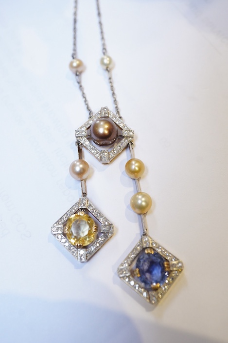 An Art Deco sapphire, natural pearl and diamond necklace, circa 1920